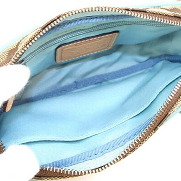 Coach Waist Bag Signature Khaki Light Blue Canvas Leather Hip Pouch Body Wome...